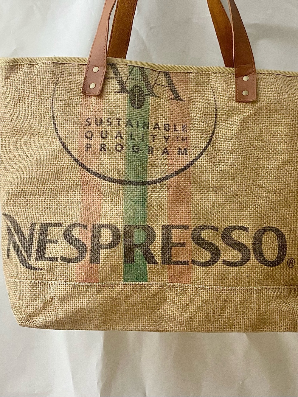 Nespresso logo tote 100% Jute with Brown leather straps and 100% cotton lining - Picture 8 of 11
